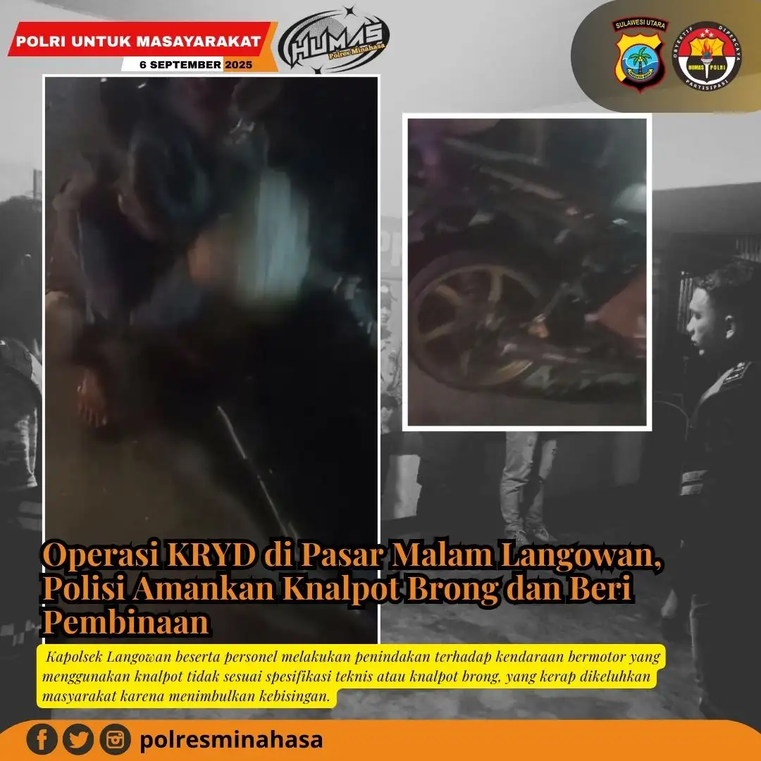 Operasi KRYD di Pasar Malam Langowan, Polisi Amankan Knalpot Brong dan Beri Pembinaan